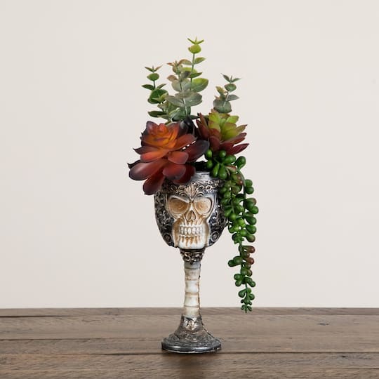 11" Artificial Halloween Succulent Garden in Skull Chalice Planter